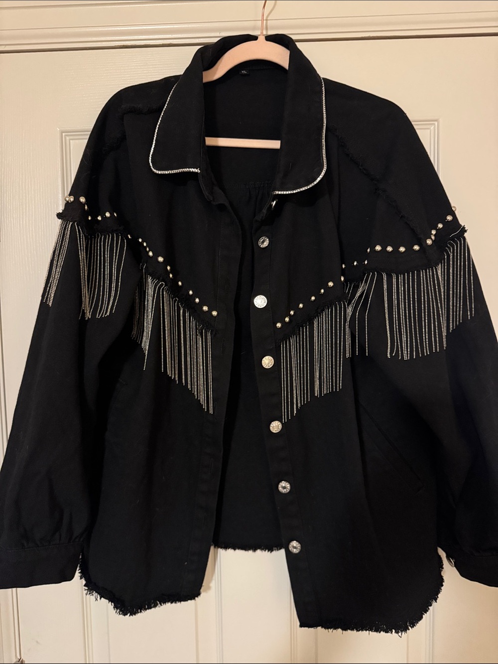 Black Fringe Studded Women's Denim Jacket